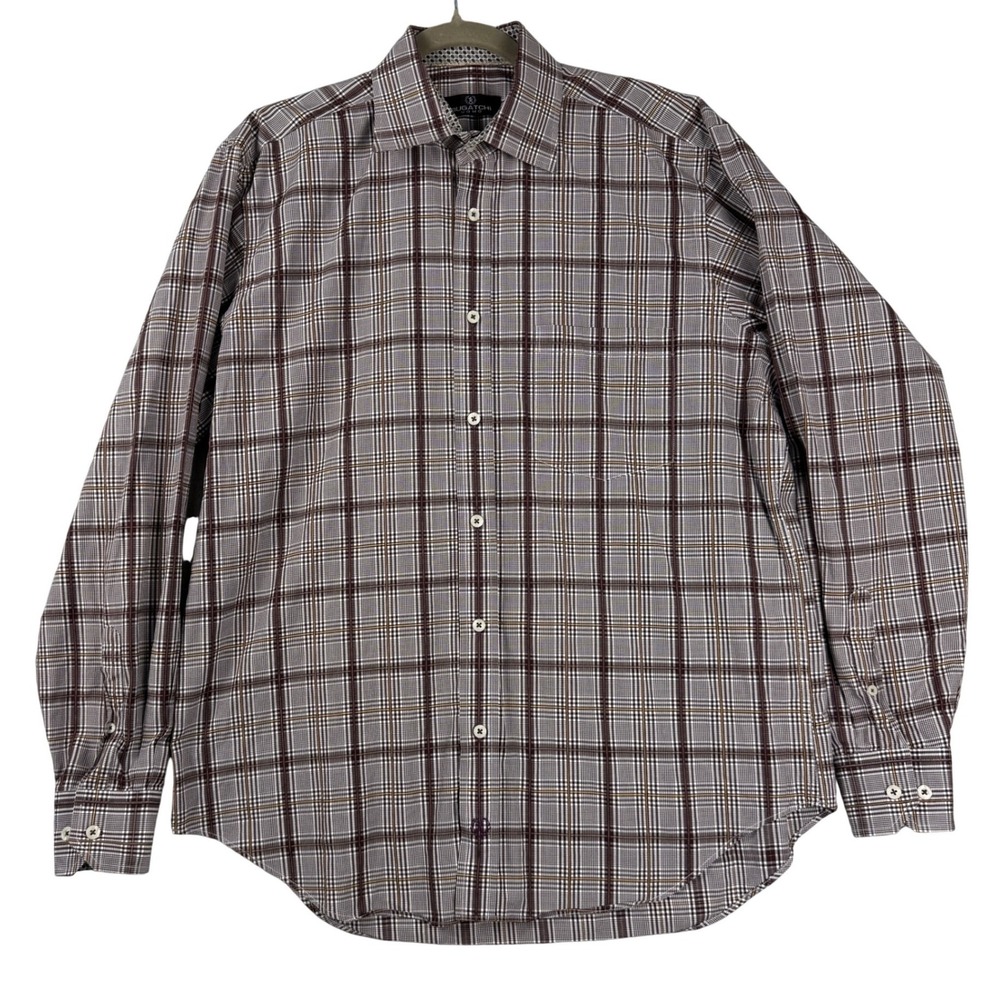 Vintage Bugatchi Uomo Mens Brown Plaid Velvet Trim Button Up Shirt L
